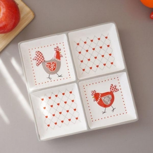 닭모양 프린팅 패턴 코크 4칸 사각 접시