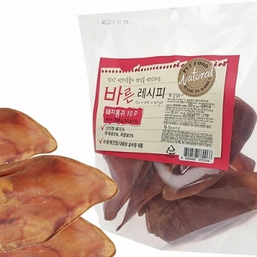 바른레시피 돼지통귀 10p(실중량300g) 애완용품 강아지수제간식